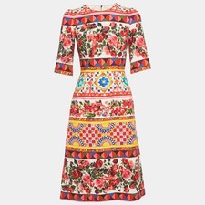 Dolce Gabbana Multicolor Carretto Roses Print Cotton Midi Dress XS