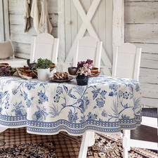 Blue Floral Oval Tablecloth 60x84 Inch, Blue and White French Country Tablecloth