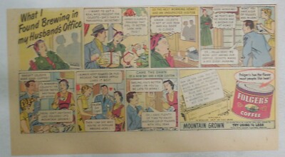 Folger's Coffee Ad: Found Brewing In My Husbands Office ! 1940's 7.5 x 15 Inch
