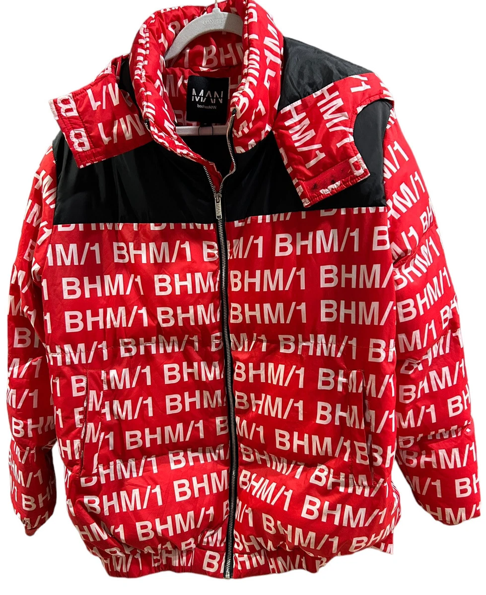 boohooMAN Mens Size Small red white and black Puffer Jacket BHM Spell Out hood