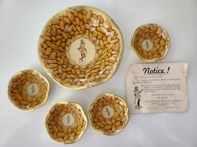 Vintage 1939 World's Fair Mr. Peanut Tin Litho 4 Snack Dishes, 1 Serving Bowl