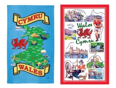 Walisisches Geschirrtuch Souvenir Geschenk Wales Karte Drache Cymru Szenen Collage Wahrzeichen