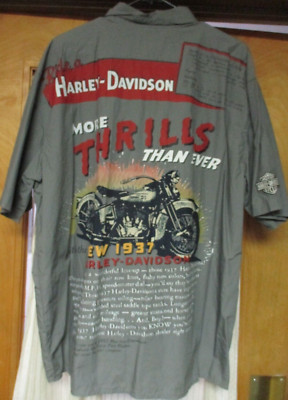 Harley Davidson Button Down Graphic Double-Sided Men's Gray Shirt Size XL