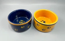Set of 2 Ceramic Blue & Yellow Small Pet Cat Dog Bowls 4" x 2.25"