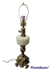 Vintage 29" MCM large Milk Glass Globe Table Lamp with grape brass metal base.