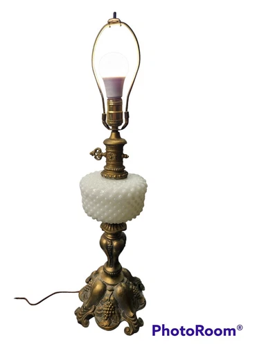 Vintage 29" MCM large Milk Glass Globe Table Lamp with grape brass metal base.