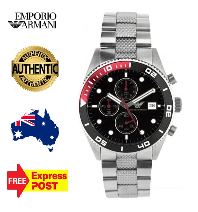 NEW EMPORIO ARMANI AR5855 SILVER BLACK RED CHRONOGRAPH QUARTZ MENS WATCH