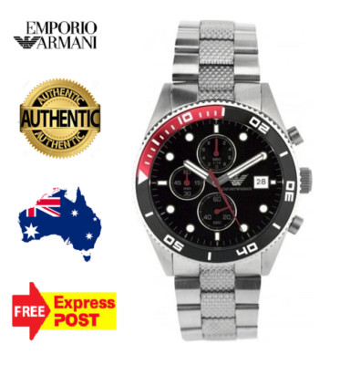 NEW EMPORIO ARMANI AR5855 SILVER/BLACK/RED CHRONOGRAPH QUARTZ MENS