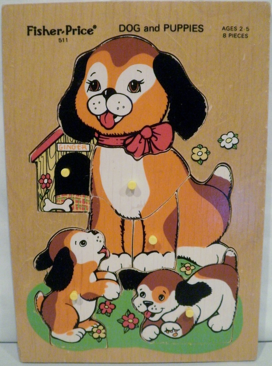 Vintage Fisher Price Dog and Puppies Wooden Puzzle #511 8 Pieces