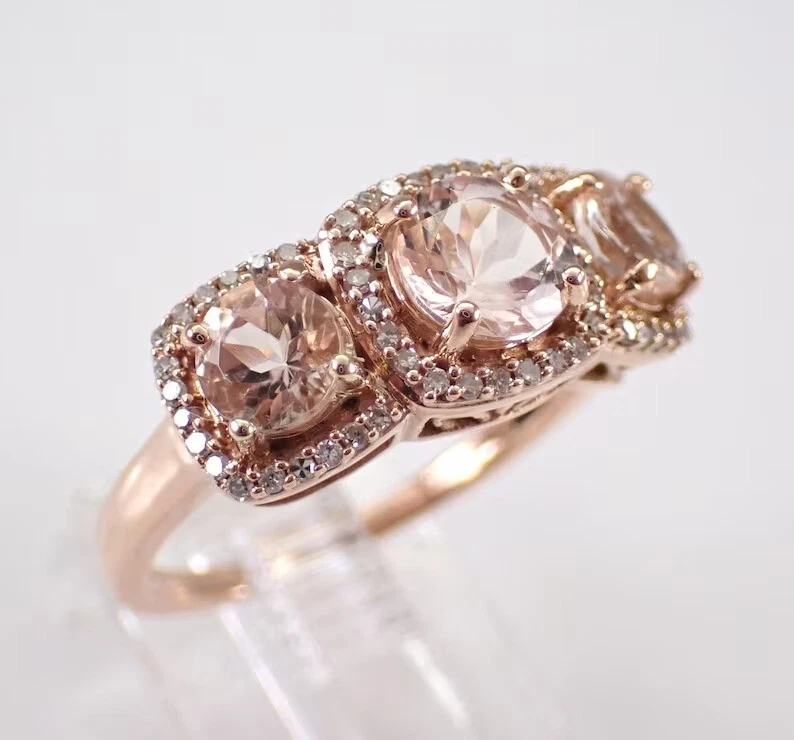 Round Cut Simulated Peach Morganite Engagement Band Ring In 14k Rose Gold Plated - Image 2 of 4