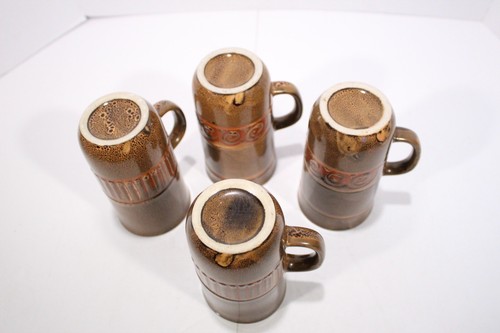Set Of 4 Vintage Stoneware Glazed Pottery Coffee Mugs 10oz Brown W/patterns - Picture 14 of 14