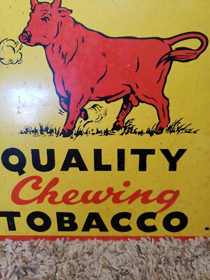 Vintage Original Bull Of The Woods Tobacco Sign Heavy Sst 14.5