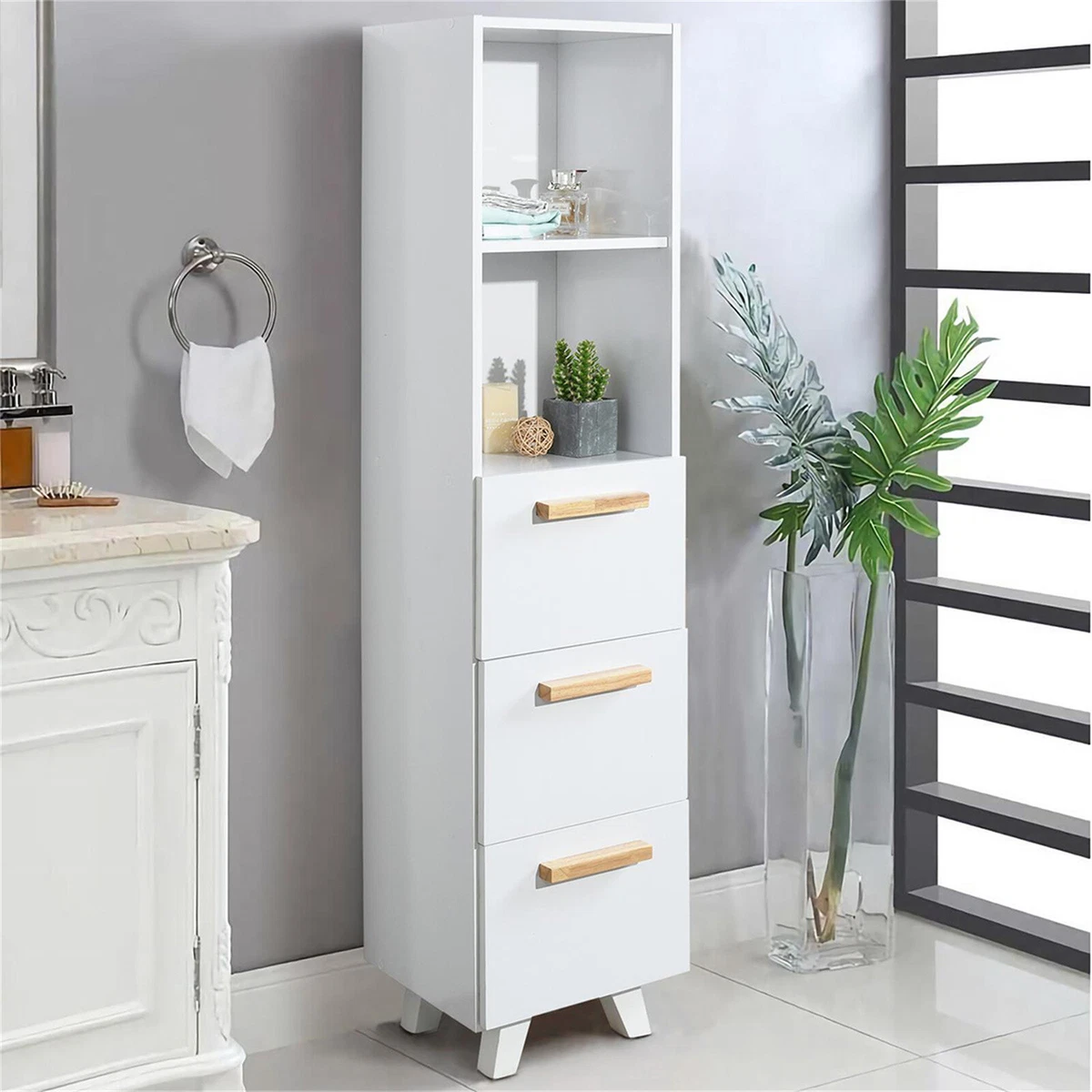 Freestanding Floor Bathroom Storage Cabinet Slim Tall Tower Cabinet w/ 3  Drawers