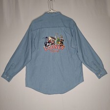 Warner Bros Looney Tunes Vtg Denim Button Shirt Medium Mens Blue Embroidered 90s