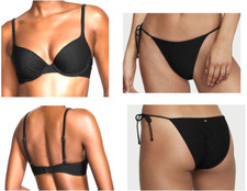 VICTORIA'S SECRET SWIM ICON BLACK PUSH-UP BIKINI TOP AND TIE SIDE BOTTOM M L NEW