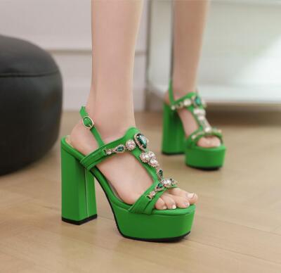 Women's Glitter Chunky Heel Sandals Rhinestone Buckle Slingback