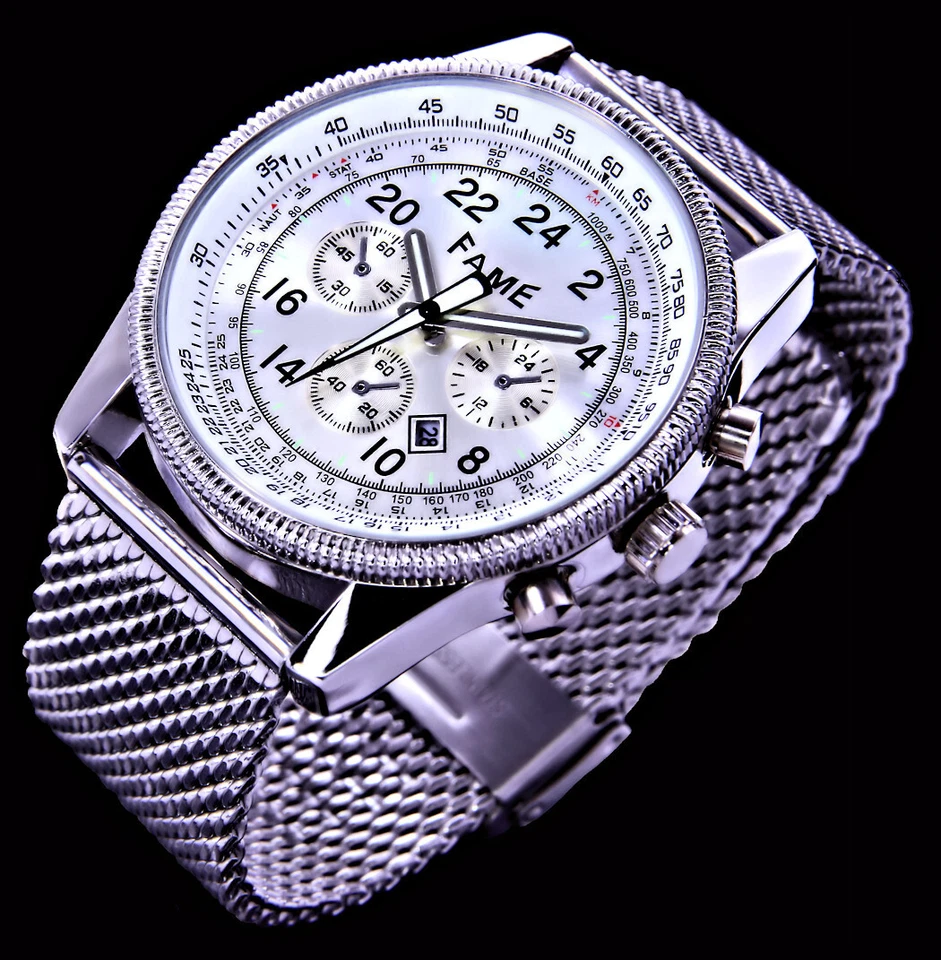 Fame Herren Mesh Armband Männer Quarz Uhr Silber Farben Datum Edelstahl SI-6 - Bild 4 von 4