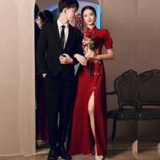 Chinese Embroidered Wedding Dress Cheongsam Wine Red Evening Dress Qi Pao
