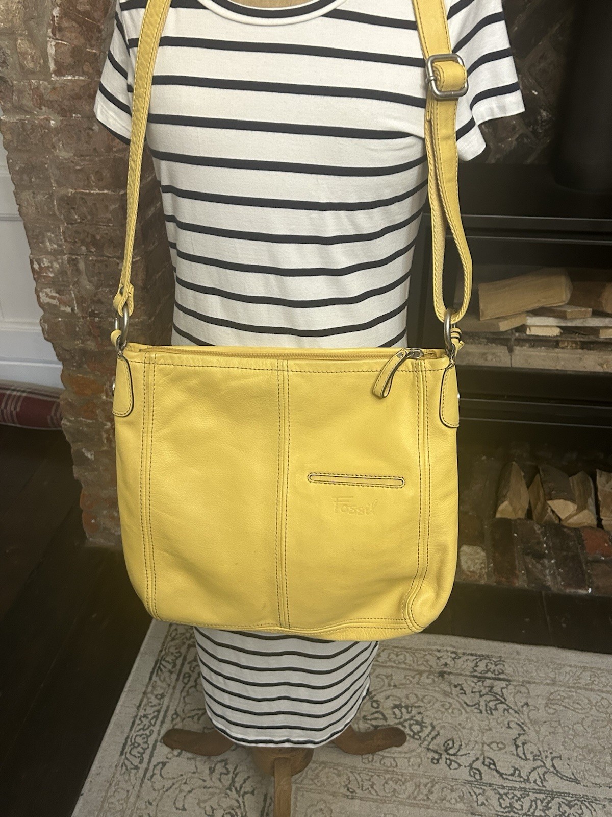 Fossil Yellow Pebbled Leather Messenger Bag Crossbody MultiPocket Utility 103013 image 7