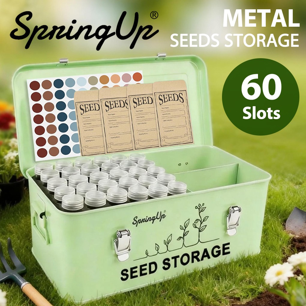 SpringUp 60 Slots Seed Storage Organizer Metal Seed Saving Box with Lid Seed Bin