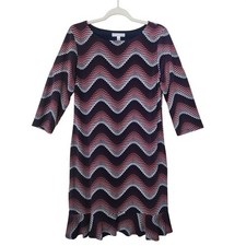 Sandra Darren Women Navy Red White Chevron Zigzag Ruffle Hem Dress 6