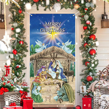 Christmas Door Cover Nativity Scene Front Door Banner Jesus Porch Sign Holy Nigh