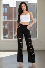 WOMEN'S BUTTON CLOSURE POCKETS DISTRESS DENIM WIDE LEG PANTS