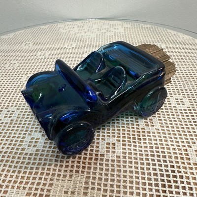 Blue/Green Glass Car-Shaped Decorative Bottle w/ Cork Stopper, 5in Avon perfume