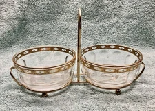 Vintage Glass Condiment Bowl Set w/Gold Trim and Metal Stand - France 