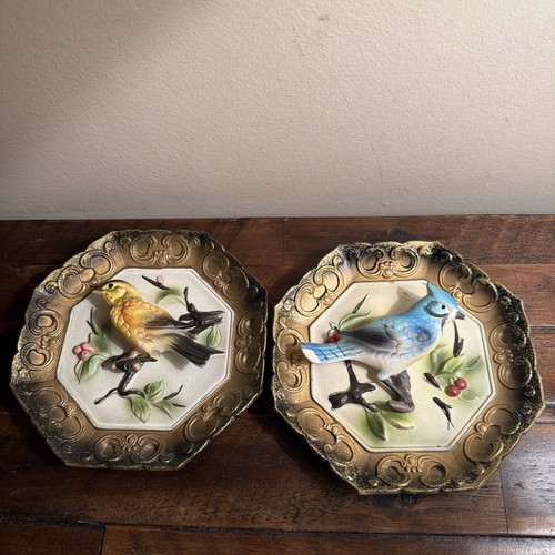 Napco 3D Songbird Wall Art Golden Finch Blue Jay Vintage Ceramic Plaques Set 2