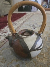 Art Pottery Teapot With Bamboo Handle Signed Clark Brown Green Red Gray