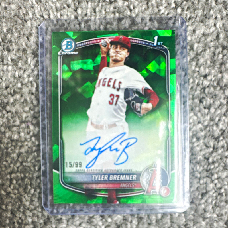 2025 Bowman Chrome Draft 1st Sapphire Tyler Bremner Angels RC Auto Green /99