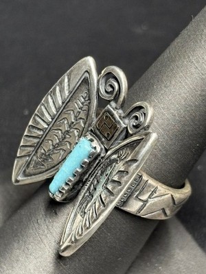 Native American Rmt 925 Sterling Silver 14K Gold & Turquoise Butterfly Ring Sz.8