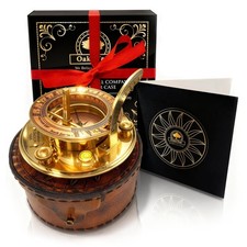 Brass Sundial Compass in Leather Case - Nautical Gifts for Men, Antique Saili...