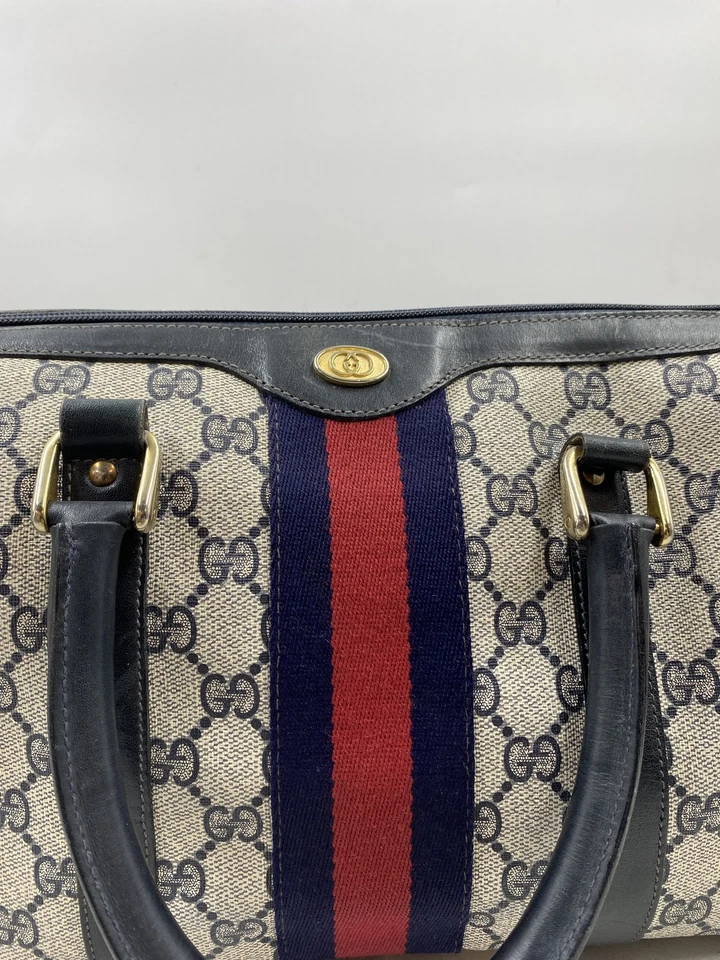 Bolsa satchel Gucci azul monograma vermelha listra marinha alça superior - Imagem 4 de 4