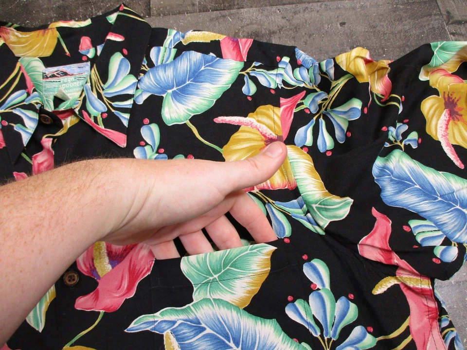 Reyn Spooner Shirt Mens Large Black Rayon Floral Neon Tropical Hawaiian Button - Image 4 of 4