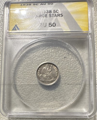 1838 Seated Liberty Half Dime 5C Large Stars Silver 0.900 ANACS AU50