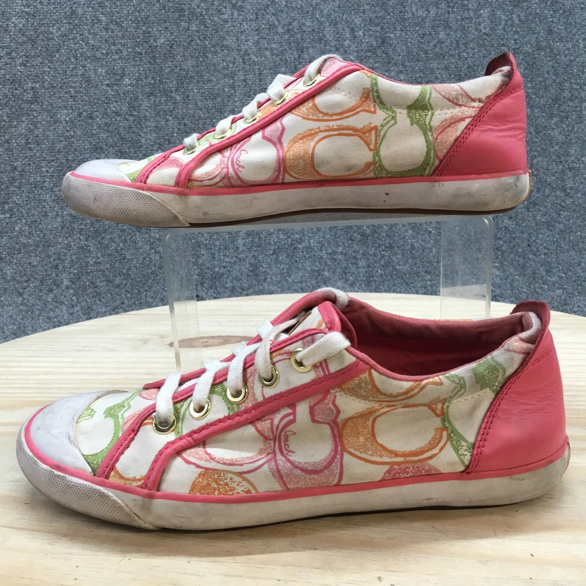Coach Shoes Womens 8 B Barrett Low Top Lace Up Sneakers Pink White Green Fabric