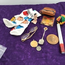 Local Estate Junk drawer, Nixon medal, ceramic indian, leather coin, glasses, +