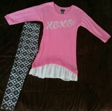 XOXO Girls 2PC Printed Fashion Leggings Outfit w/Trendy Graphic PinkTop Sz M