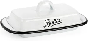 Enamelware Butter Dish with Lid Farmhouse White Vintage Style Black Rim - Picture 1 of 6