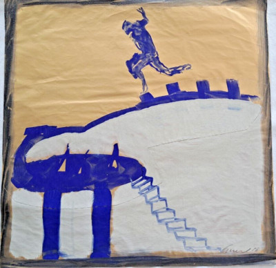Unknown Stairway to Heaven Mixed Media Gouache Painting Signed 1986