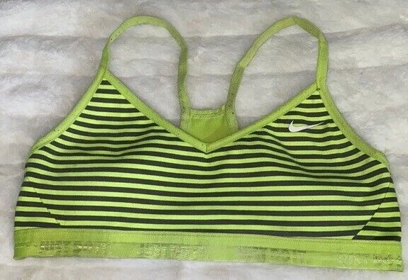 NIKE Dri Fit Racerback Sports Bra Just Do It Logo Neon Green Gray