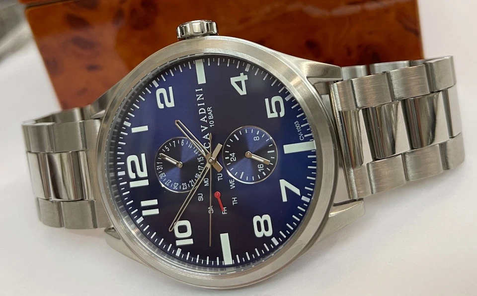 Cavadini 50mm Herrenuhr Fliegeruhr Kalender Edelstahl marineblau CV-1003 - Bild 2 von 4