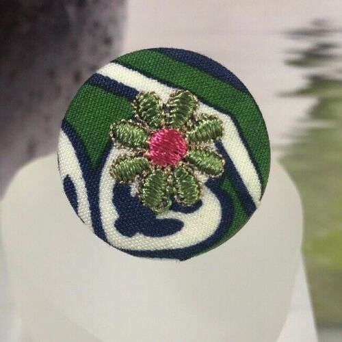 Vintage 70's Fabric￼ Green Blue White Pink Embroidered Flower Ring Adjustable - Afbeelding 1 van 7