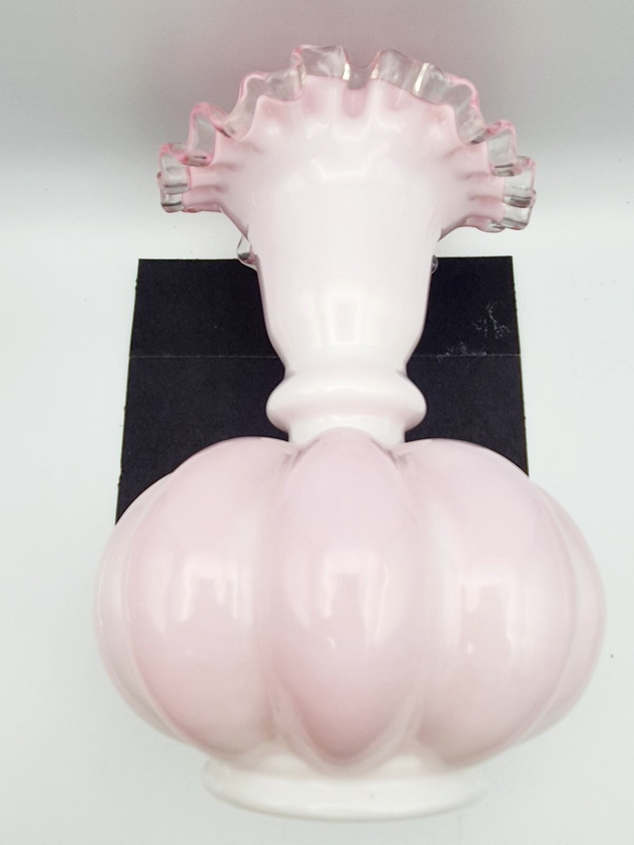 Vintage Fenton Art Glass Peach Pink White Silver Crest Ruffled