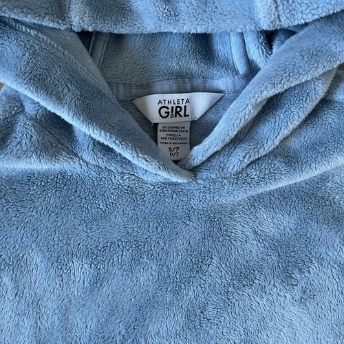 Athleta Girls Size S/7 Blue Velour Pullover Hoodie Kangaroo Pouch Pocket *M20 - Picture 2 of 3