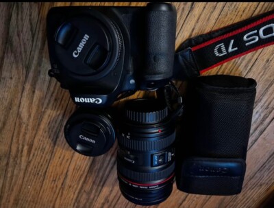 canon 7D, 50 mm, 24mm, 24-70mm, speed lite, camera bag, 3 batteries 