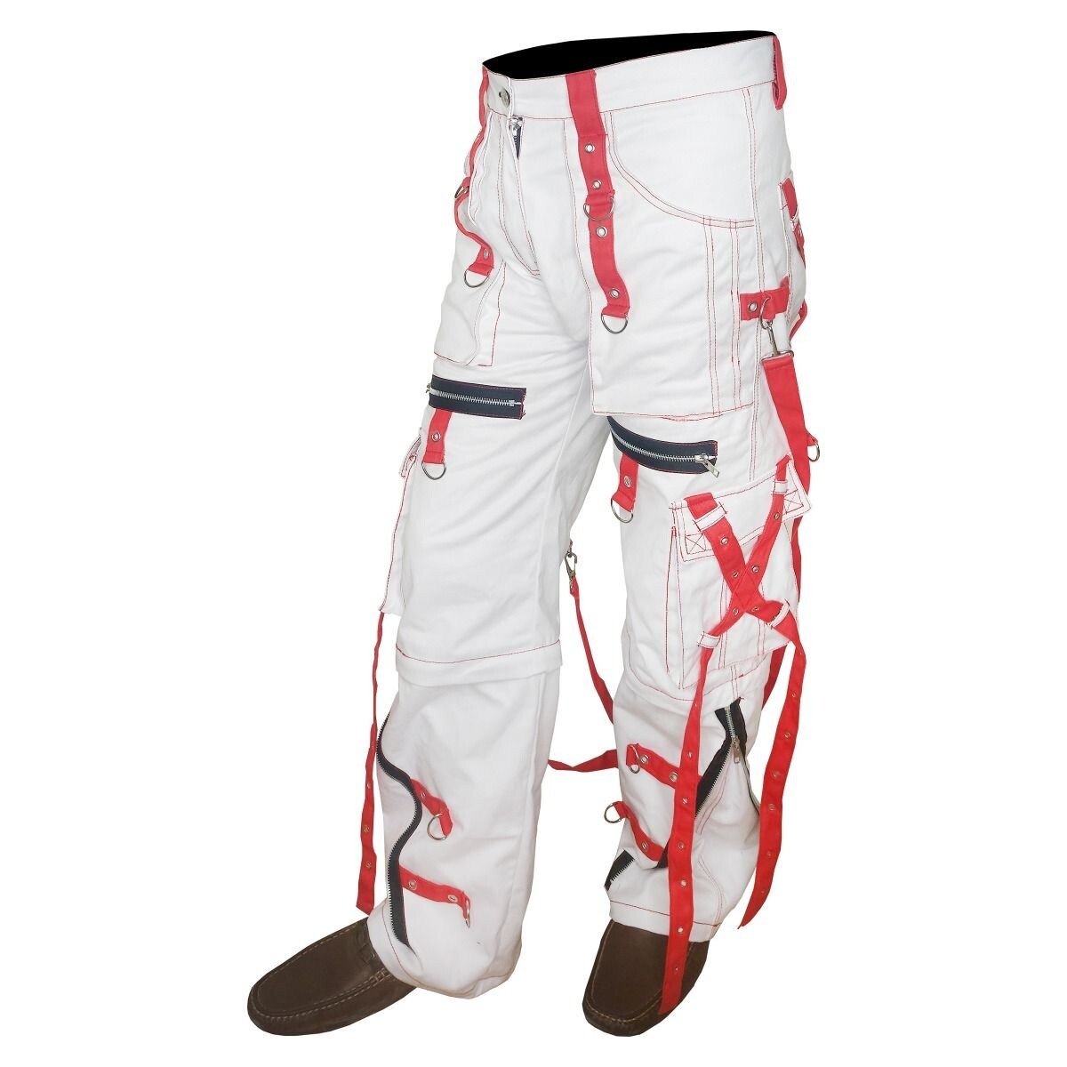 White Red Gothic Rave Bondage Pants Tripp Style Chains Straps