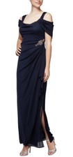Alex Evenings Embellished Cold Shoulder Gown in Navy , Size 6P